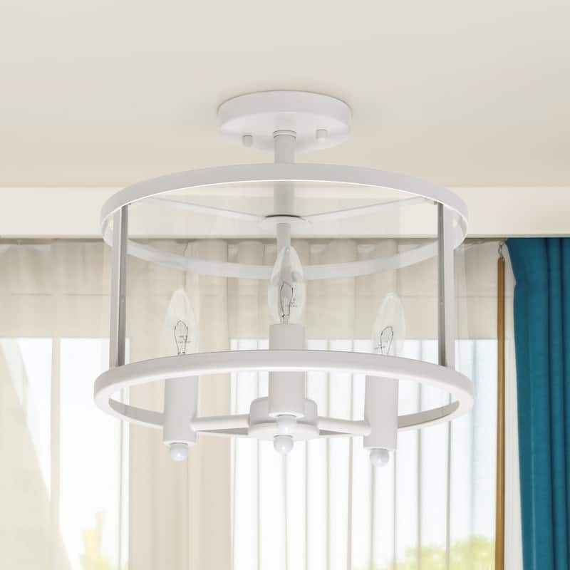 3-Light Semi Flush Mount Ceiling Light - Industrial Glass Shade, Modern Farmhouse Design, Matte White Finish - 12.5