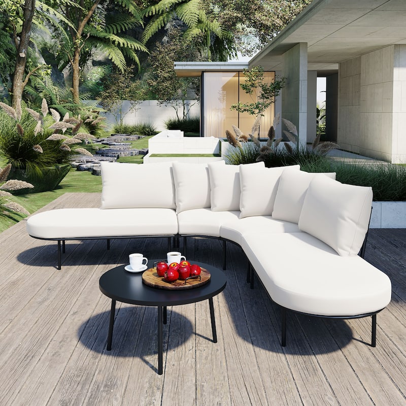 Curved Outdoor Furniture Sofa Set for 6, Outdoor Conversation Set with Coffee Table & Upholstered Seats, Backrest Cushions