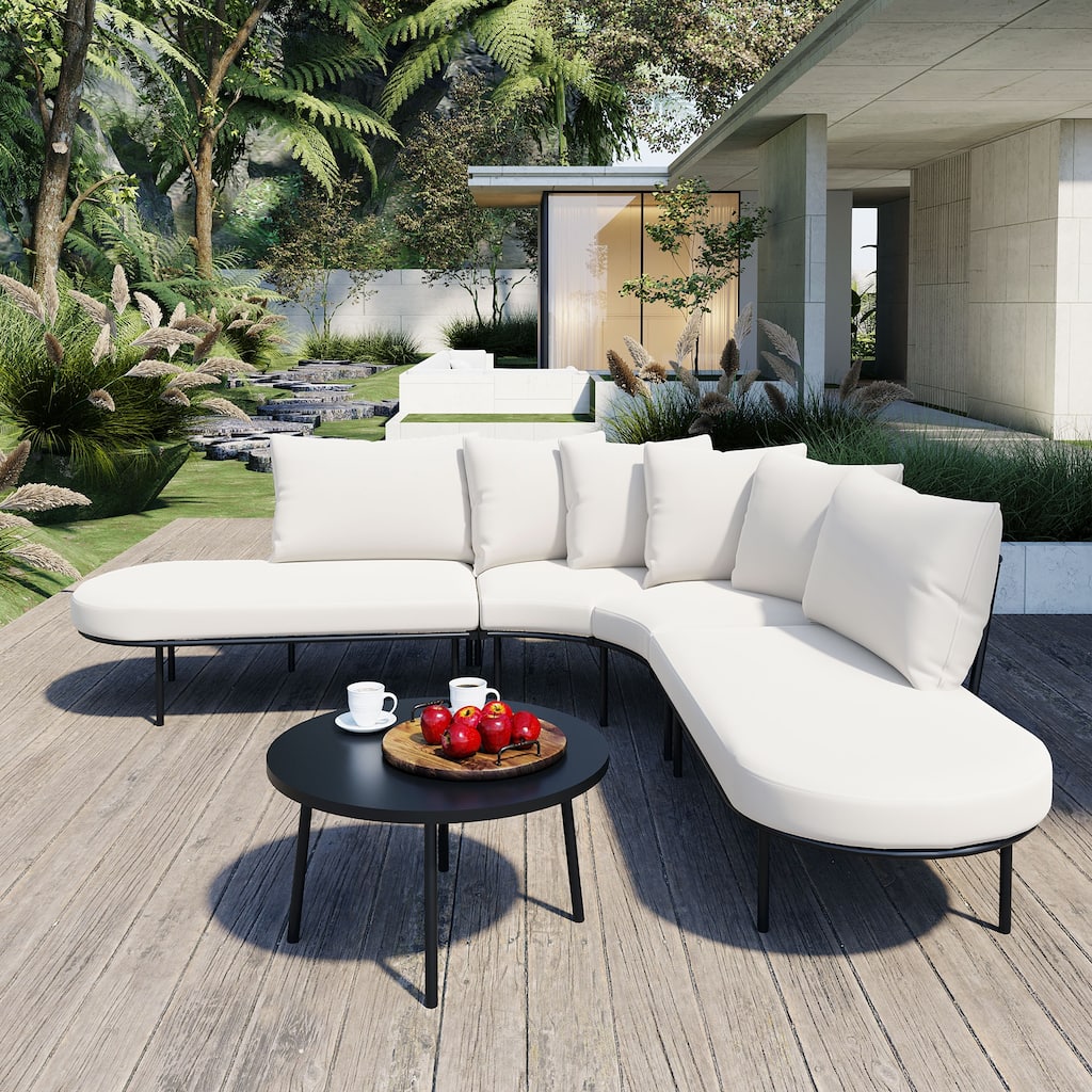 Half-moon Furniture Sofa Set Curved Sectional Sofa with Chaise Lounge and Round Coffee Table, Iron Frame Conversation Set