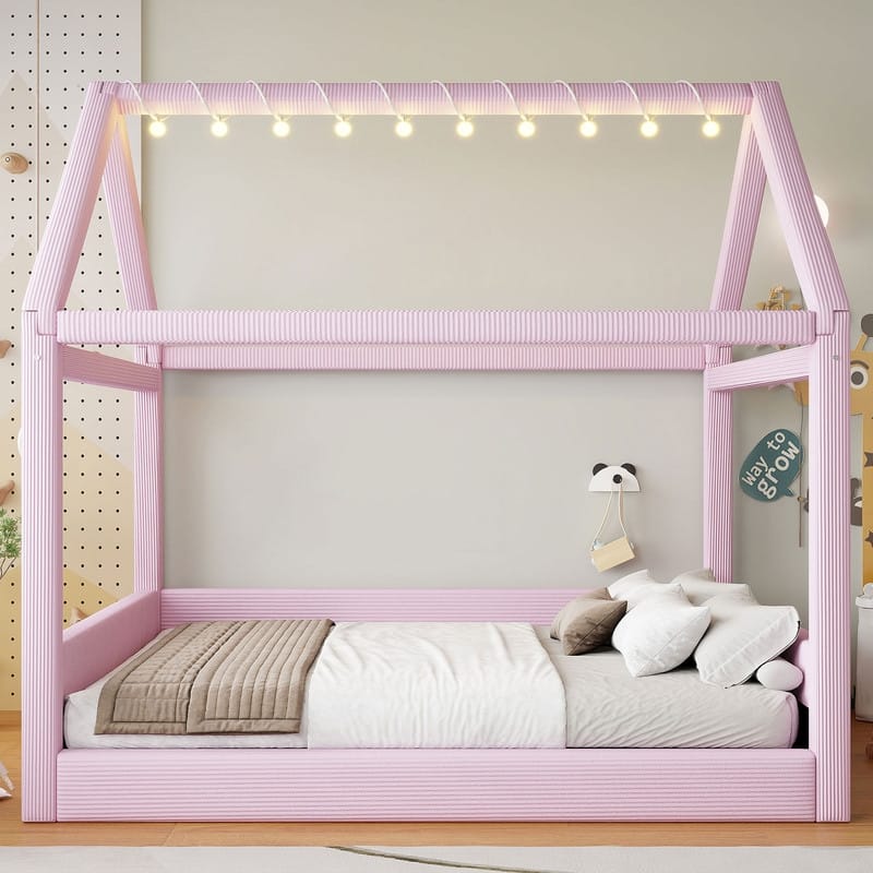 Full Size Upholstered House-Shaped Kids Bed with LED Light Strips, Corduroy Platform Bed Frame Floor Bed