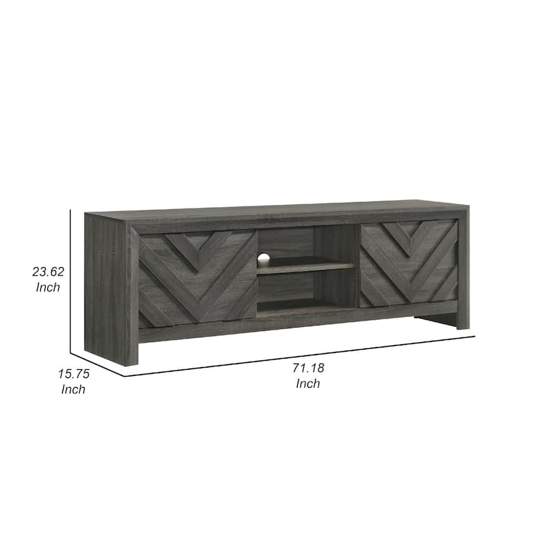 Velz TV Media Stand Cabinet, 2 Chevron Doors. Open Shelves, Dark Gray