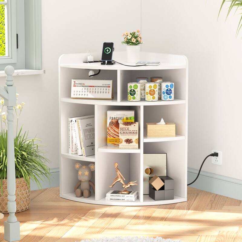 VECELO Corner Cabinet with Charging Station or No Charging Station 3-Tier Bookcase Storage Organizer Triangle Corner Bookcases - With Charging Station and Adjustable Shelf - White