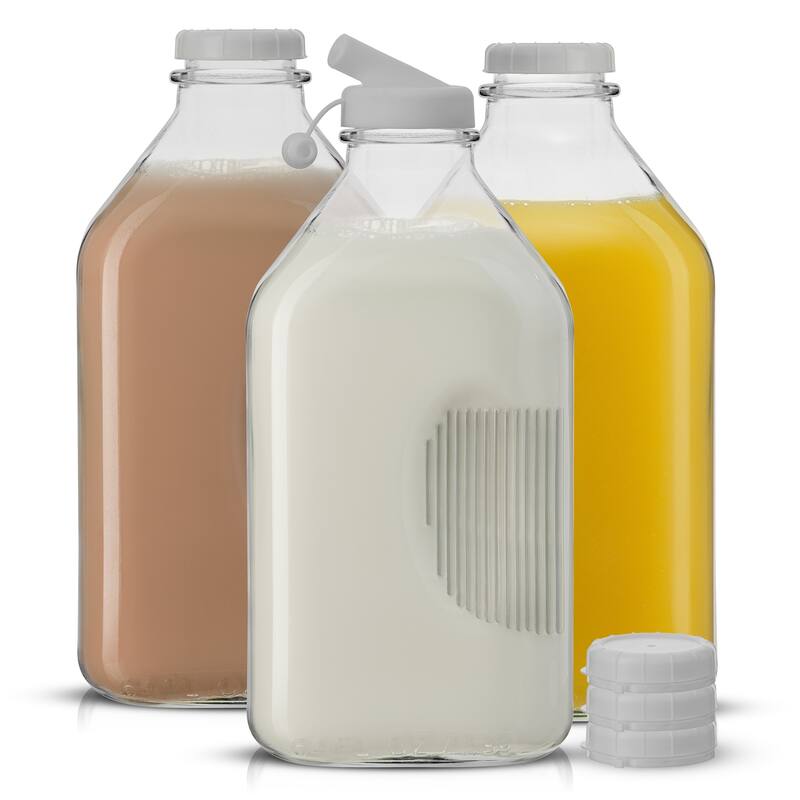 JoyJolt Reusable Glass Milk Bottle with Lid & Pourer - Set of 3 - 64 oz