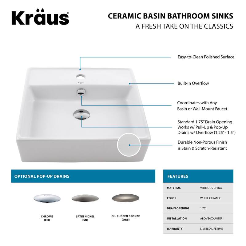 Kraus 18-1/2" Ceramic Vessel Bathroom Sink - Includes Pop-Up Drain