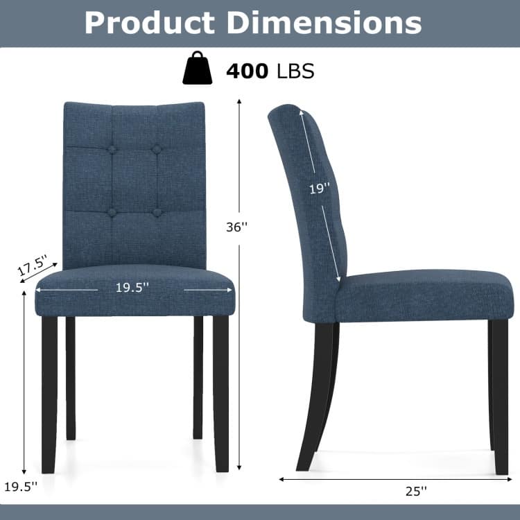 Dark Blue Rubber Wood Dining Chairs Set of 2 with Button Tufted Back Linen Fabric - 25" x 19.5" x 36"