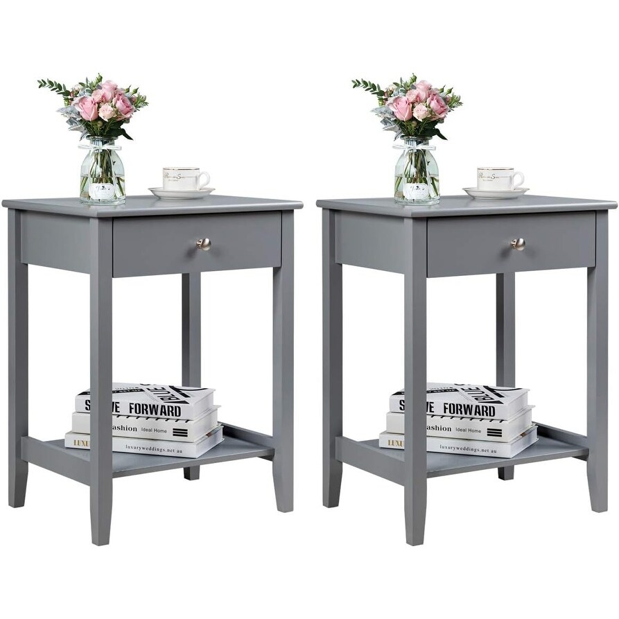 Wooden 2-Tier Side Table with Drawer and Storage Shelf, Multi-Functional for Living Room, Bedroom, Study (Gray)