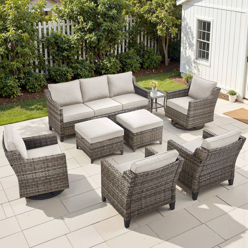 Pocassy Outdoor Patio Furniture Wicker Sofa Swivel Chair Set - Grey Wicker Beige Cushion - 8 Pieces Sofa Chair Table with Ottoman