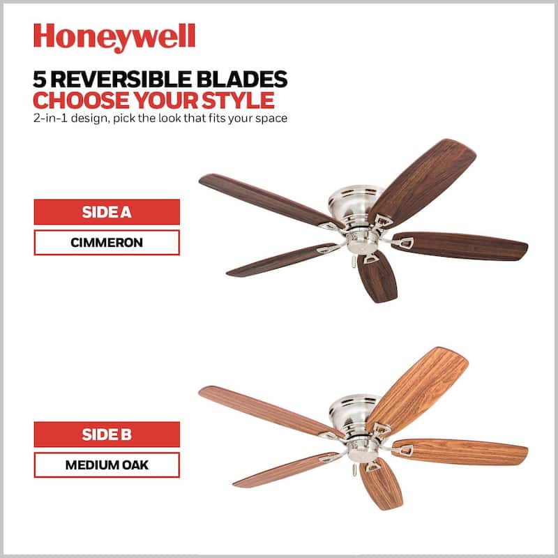 52" Honeywell Glen Alden Brushed Nickel Indoor Ceiling Fan, No Light, Pull Chain
