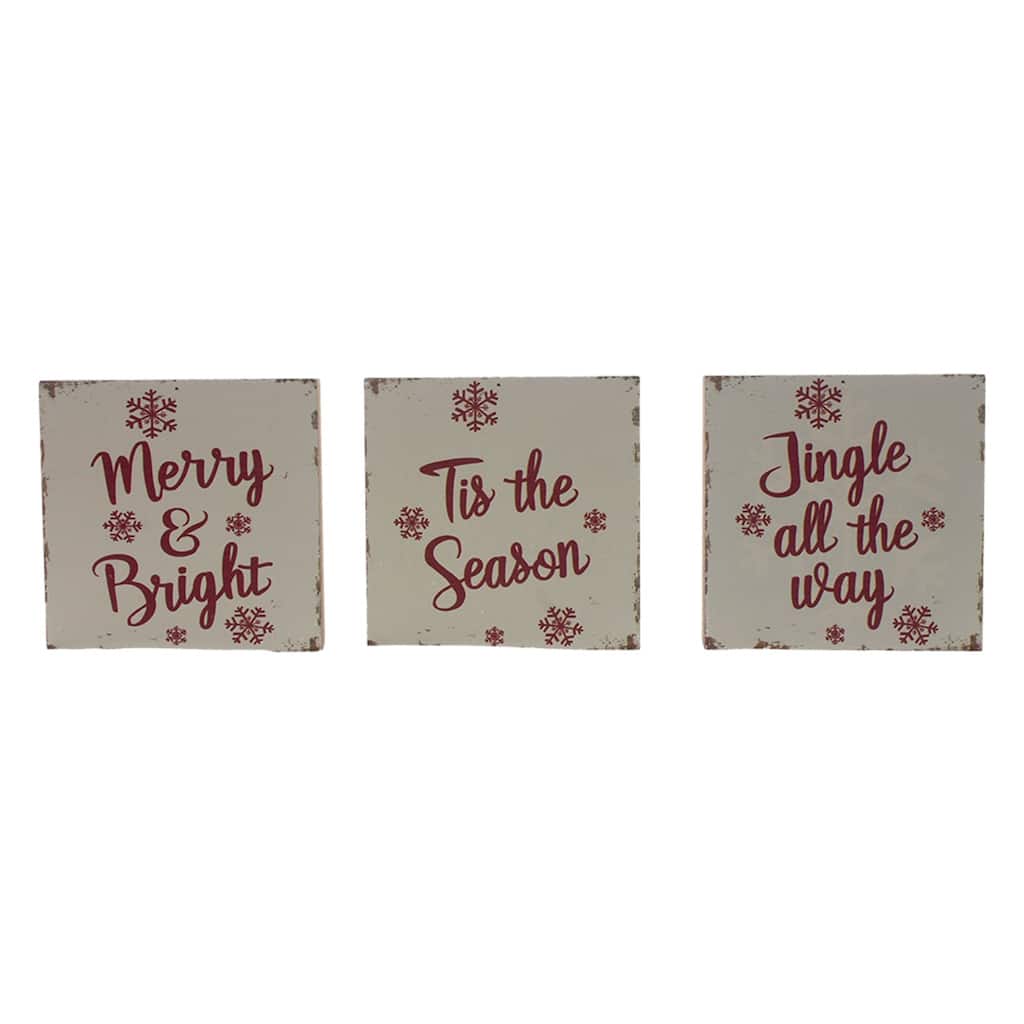 Set of 3 White Square Block Sign with Christmas Season Design 5"