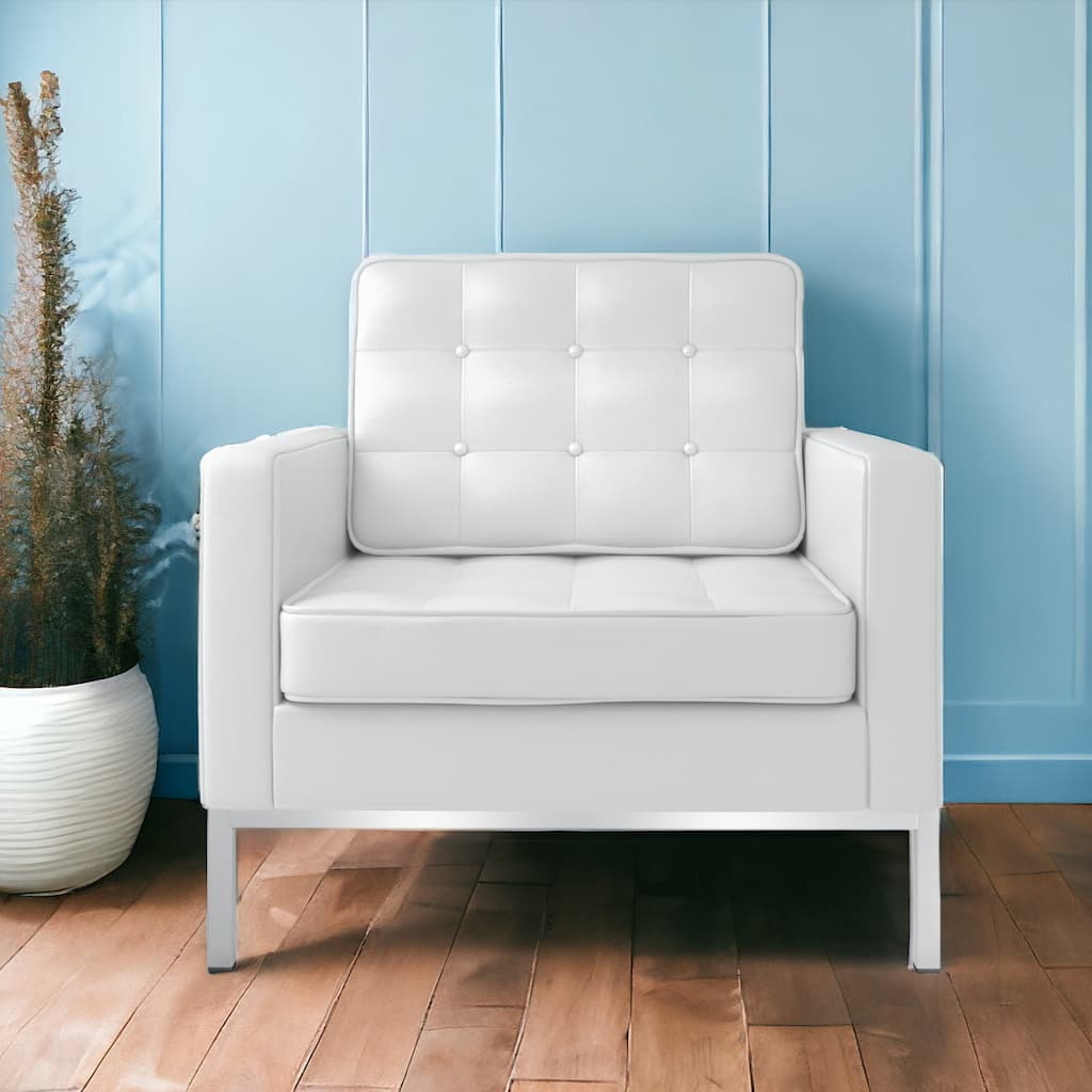 HomeRoots 31" White And Silver Italian Leather Tufted Arm Chair - 30.5' X '30.5' X '30.5