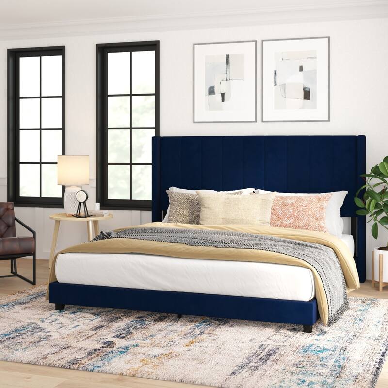 Upholstered Platform Bed with Wingback Headboard - Navy Velvet - King