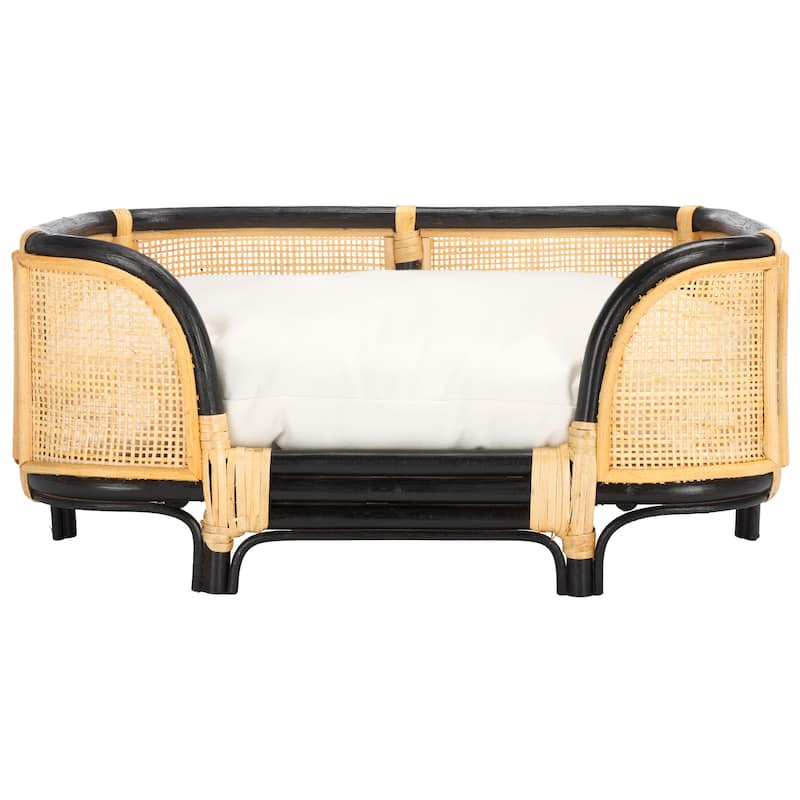 SAFAVIEH Home Timo 23.6W x 15.7D x 10.6H-inch Beige/Natural/Black Rattan Pet Bed with Cushion - 23.6"W x 15.7"D x 10.6"H