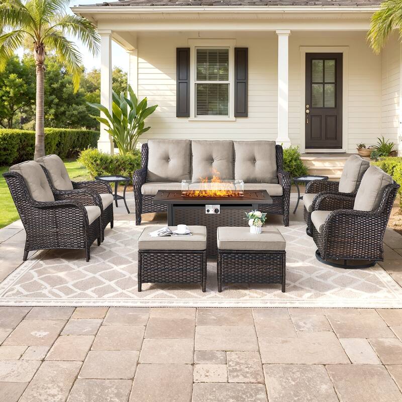 Gymojoy 10-Piece Outdoor Wicker Patio Set with Swivel Glider Chairs & 55,000 BTU Fire Pit Table for Garden, Backyard, Poolside - Brown Wicker / Beige Cusion - 10-Piece