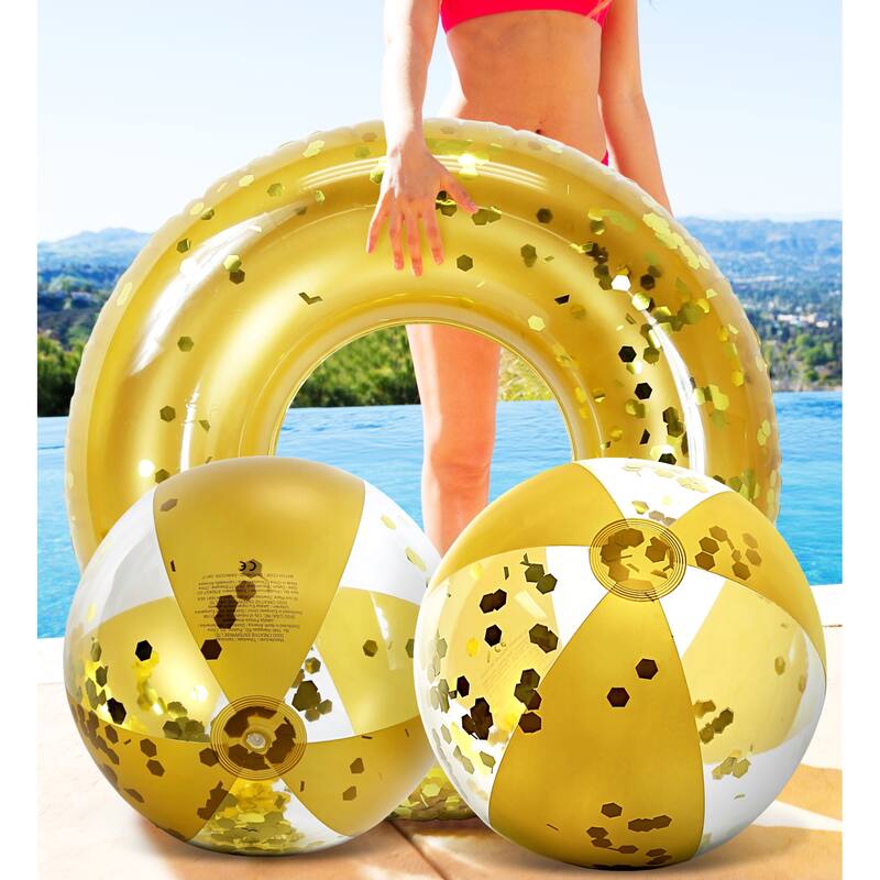 Mozlly Bundle of Gold Inflatable Pool Float Tube And Beach Balls - ‎37 x 37 x 9.5 inches