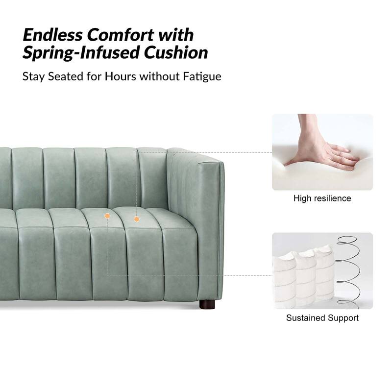 Olinto Modern 83''W Genuine Leather Tufted Couch Sofa with Channel Back and Solid Wood Legs by HULALA HOME