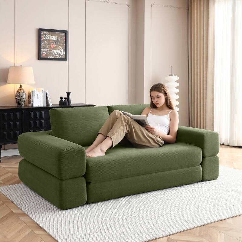 Anmytek 81 Inch Convertible Sofa Bed 3 in 1 Folding Floor Couch Corduroy Sleeper Mattress with Pillows Green