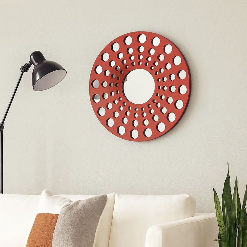 Contemporary Wooden Round Wall Decor Set of 2, with Circle Cut Outs, Red and Silver