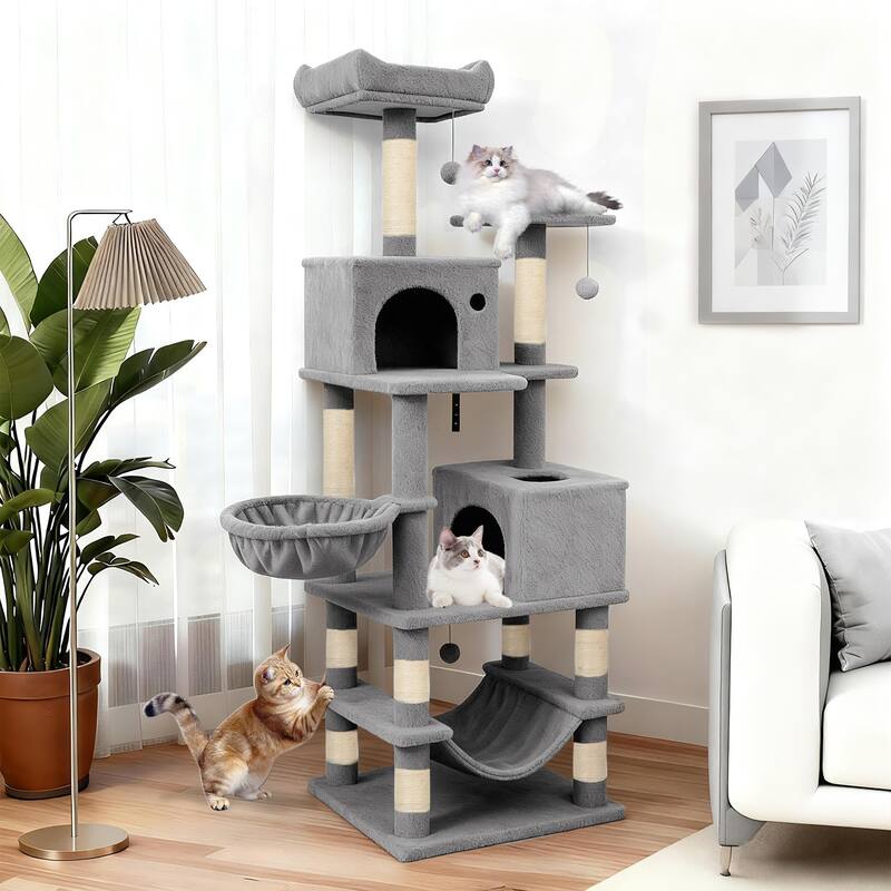 Gymax 66'' Tall Cat Tree w/2 Condos Sisal Scratching Posts Plush Perch