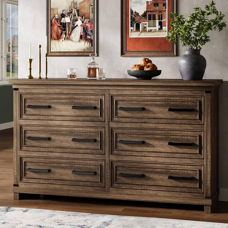 6 Drawer Dresser for Bedroom, 55” Rustic Wood Chest of Drawers