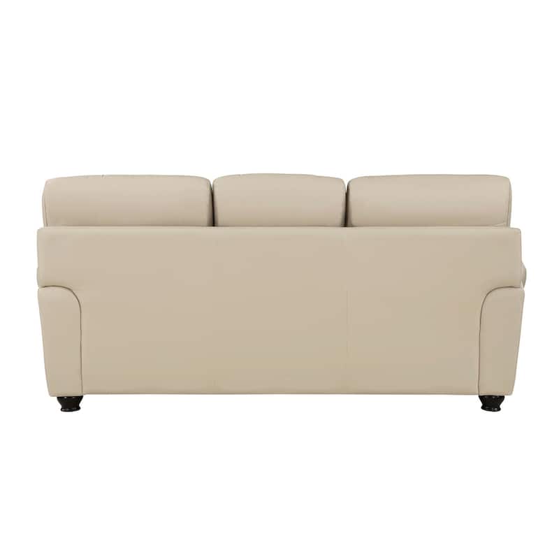 Kia 84 Inch Sofa, Cream Top Grain and Faux Leather, Brown Solid Wood