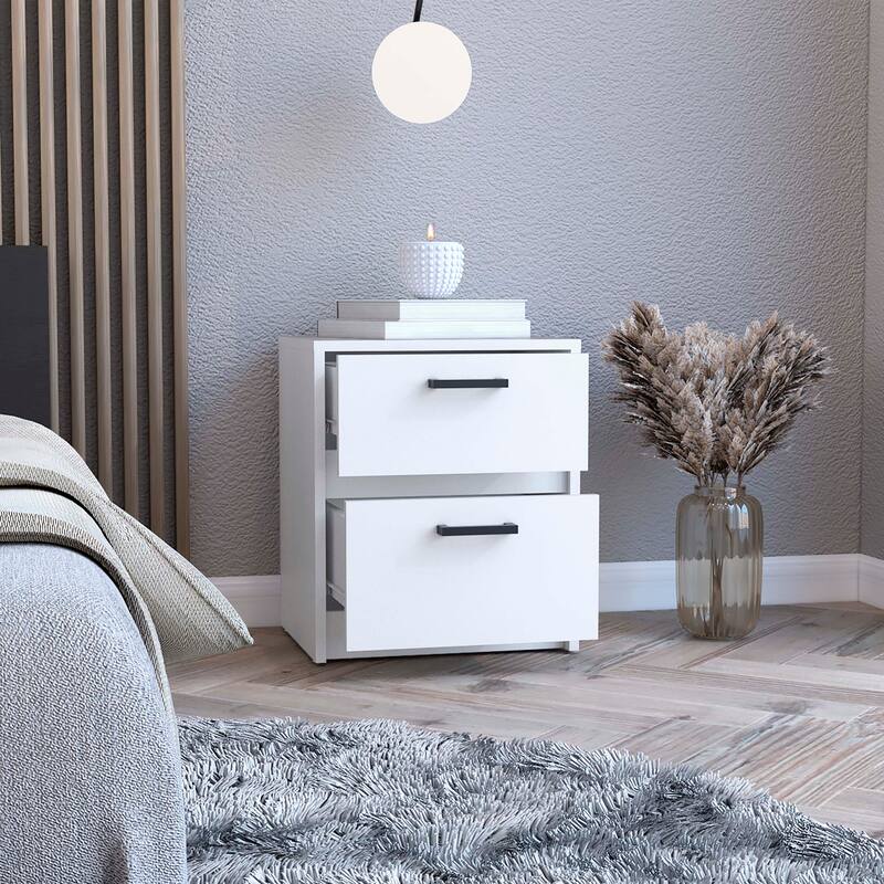 2-Drawer Nightstand with Metal Handles, White - Compact Storage Solution for Bedroom or Living Room