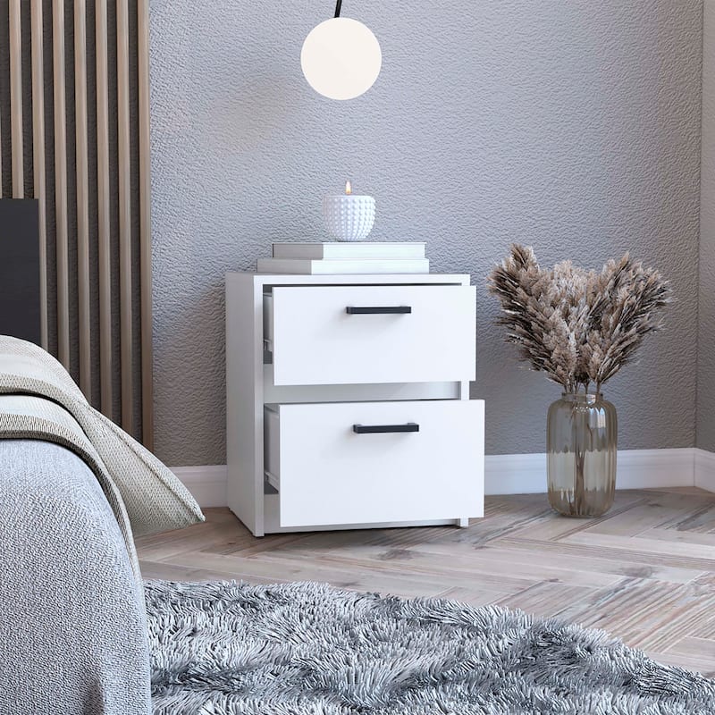 2 Drawers Nightstand , End Table, Side Table Metal Handles -White