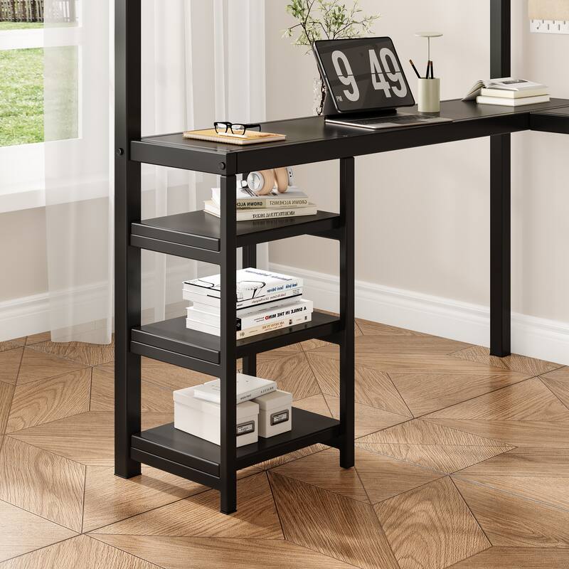 Full Size Loft Bed with L-Shaped Desk, Open Shelves, and Safety Guardrails, Heavy Duty Metal Frame, Black