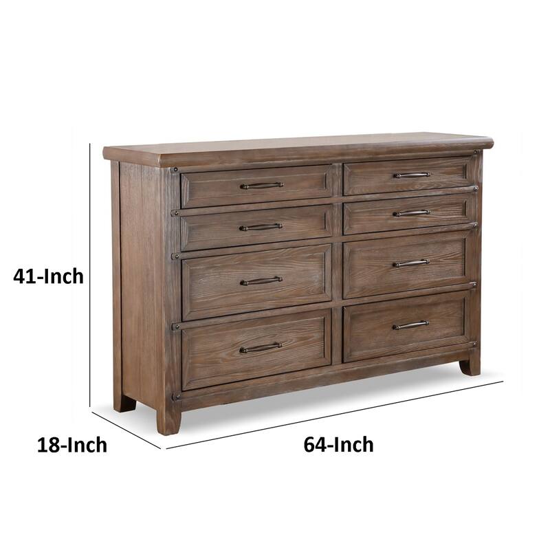 Merry Wide Dresser, 8 Drawers, Brown Solid Wood, Bronze Metal