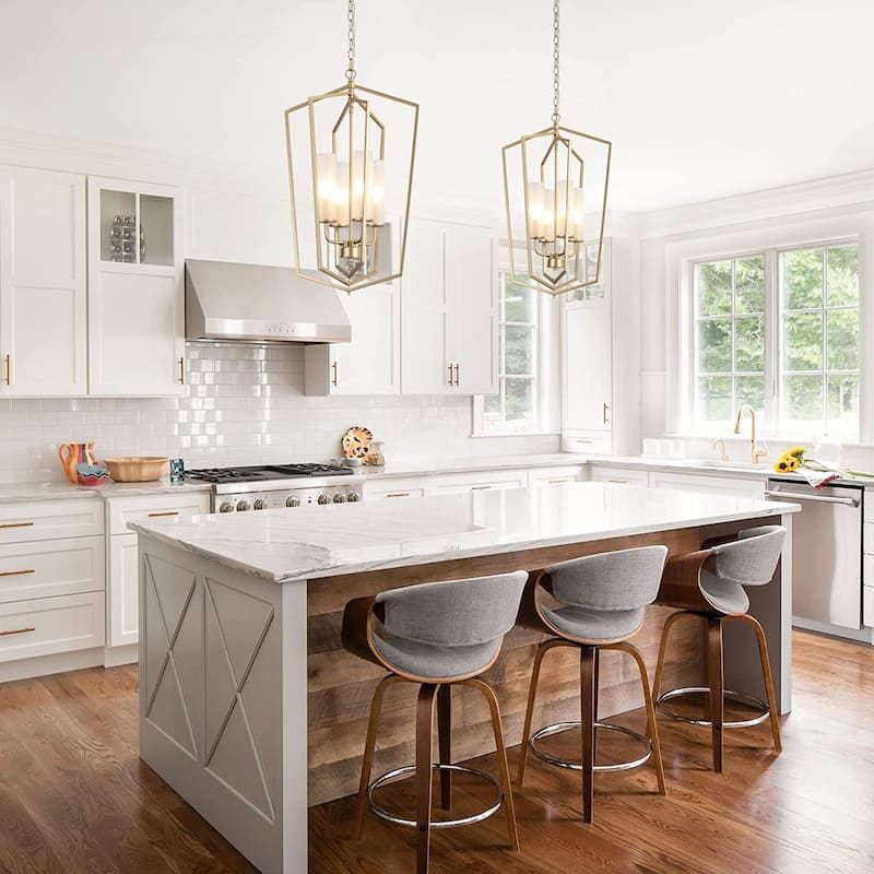 Modern Gold 4-Light Lantern Chandelier Geometric Glass Pendant Light Fixture for Kitchen Dining Room - 16.5"Dx27"H