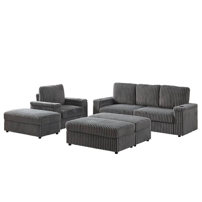 Anmytek Corduroy 3-Seater Deep Seat Sofa & Single Recliner With Cup-Holding Grooves