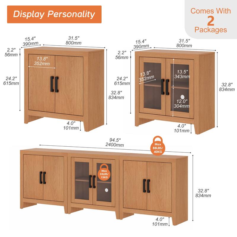 WAMPAT Farmhouse Buffet Cabinet with Glass Doors, 3-Piece Modular Sideboard with Adjustable Shelves