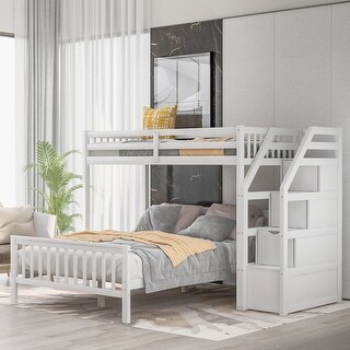 Twin over Full Loft Bed Wood Frame with Storage Handrails, Staircase, Headboard & Footboard, Full-Length Guardrail