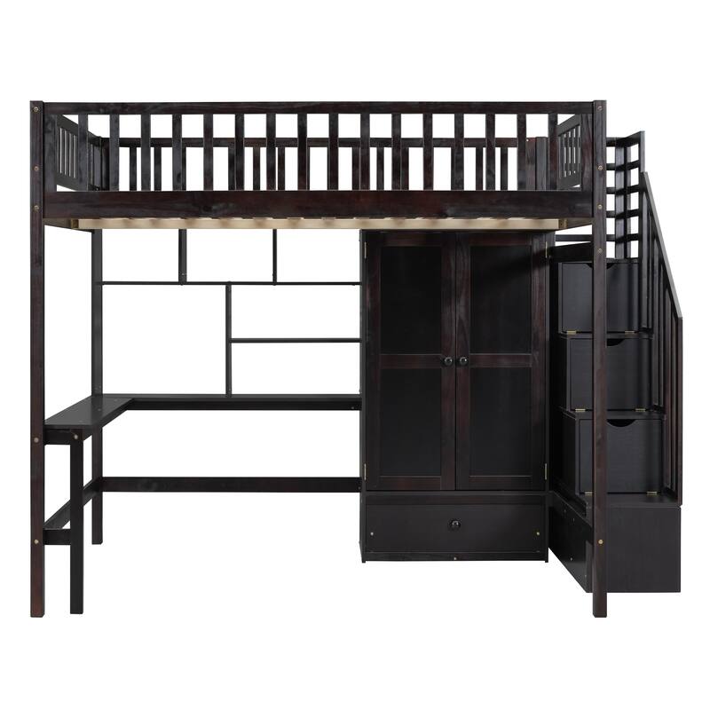 Full Size Loft Bed with Bookshelf, Drawers, Desk, and Wardrobe - Espresso