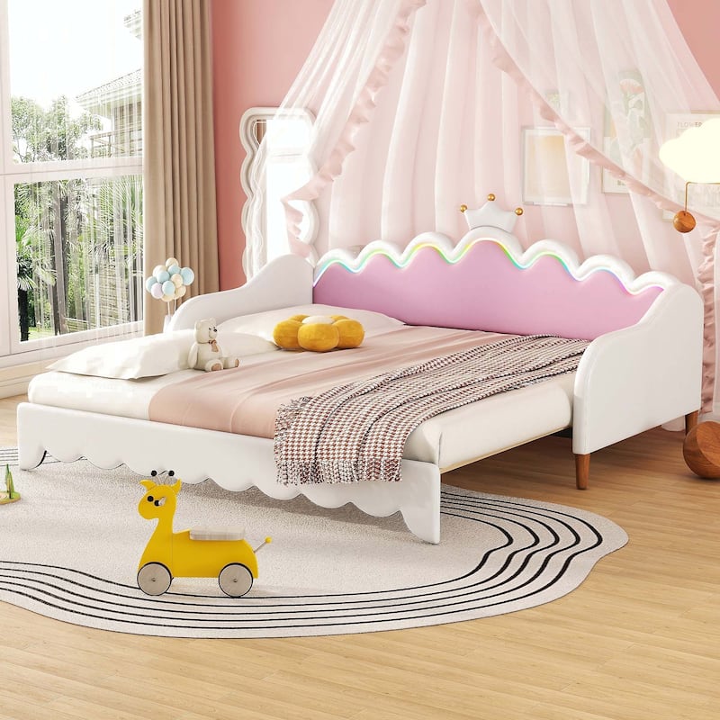 Modern Upholstered Princess Twin Extending Daybed with LED Lights