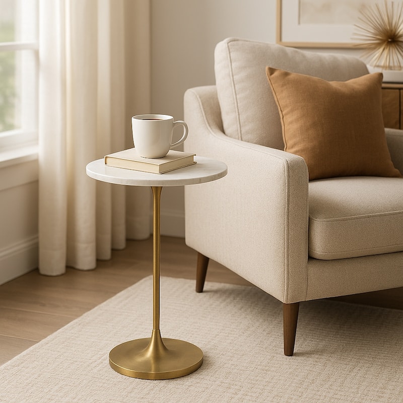 Metal Stone Top Modern Round End Table - Gold, 24" - 24.0"