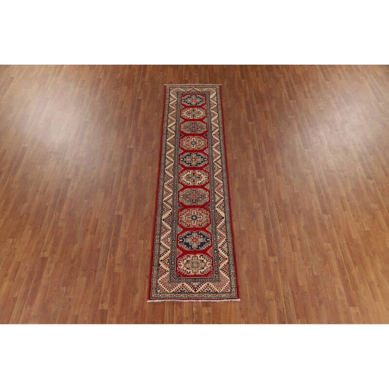 Red Geometric Kazak Oriental Runner Rug Hand-Knotted Foyer Wool Carpet - 2'9" x 10'9"