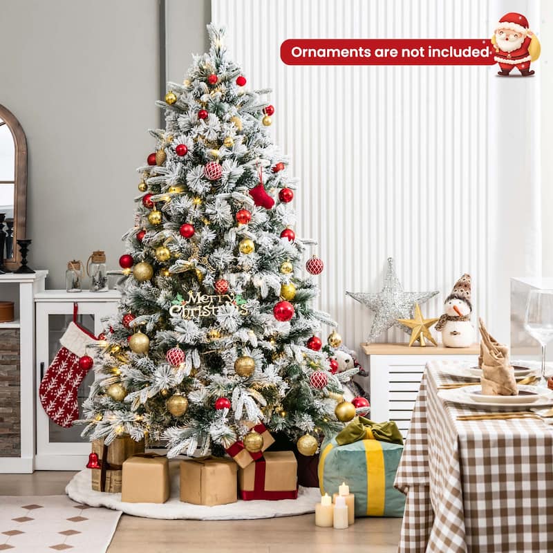 Costway 6/7 FT Pre-Lit Flocked Christmas Tree Hinged Xmas Decoration