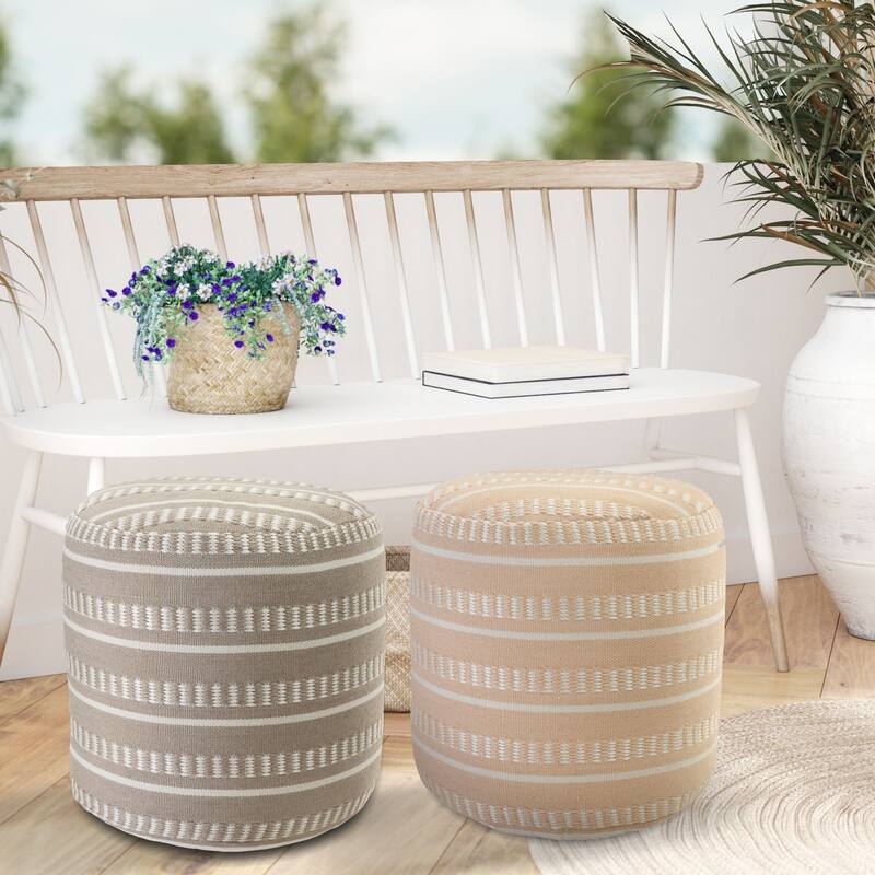 20" Taupe and White Striped Round Outdoor Patio Pouf Ottoman