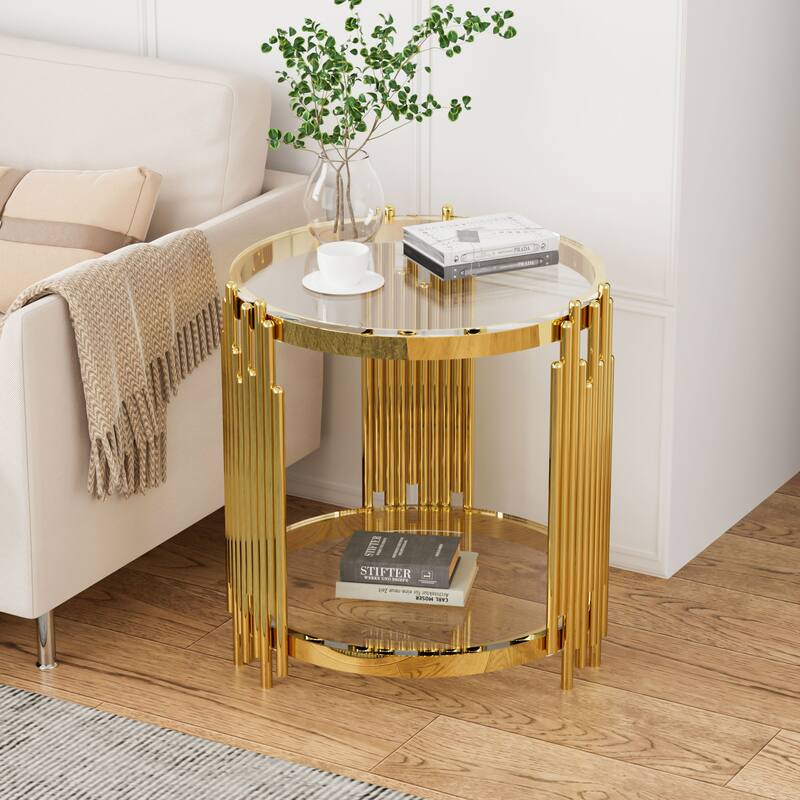 Modern Gold & Steel Round Coffee Table with 8mm Tempered Glass for Living Room - Clear - 19.69" 