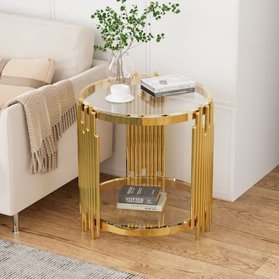Modern Gold & Steel Round Coffee Table with 8mm Tempered Glass for Living Room