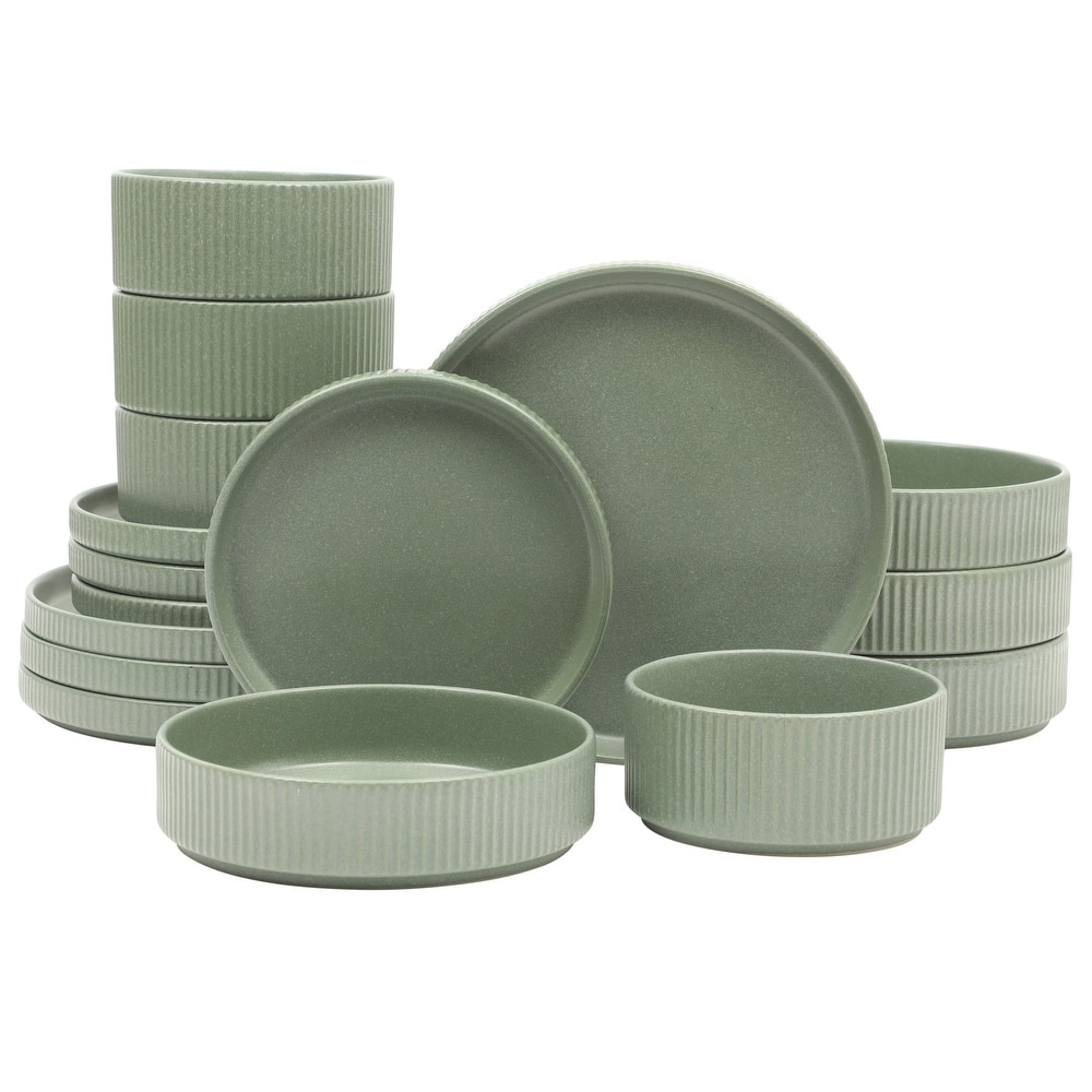 Gibson Elite Deerfield 16-Piece Stoneware Dinnerware Set - Stackable Plates and Bowls, Reactive Glaze Finish, Service for 4