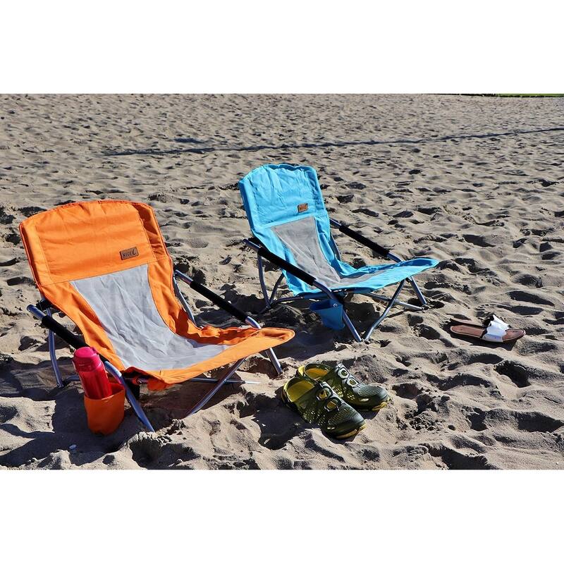 Portable Low Beach Chair with Cup Holder and Carry Bag, Sling Folding Sand Chair for Adults and Kids