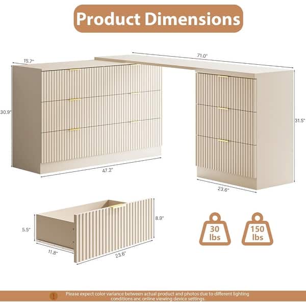 beige fluted dresser Fluted 6-Drawer 55 in. Wide Dresser, Modern Chest of Drawers for Bedroom, Living Room, Entryway-Natural Beige Color HDP80310-NO