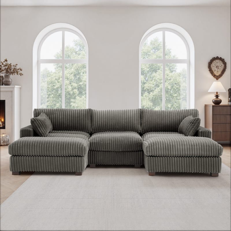 Modern Oversized Plush Corduroy Modular Sectional Sofa with 2 Ottomans