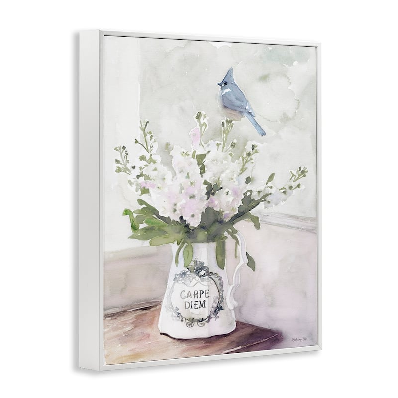 Stupell Blue Cardinal on Spring Bouquet Carpe Diem Watercolor Framed Wall Art - White