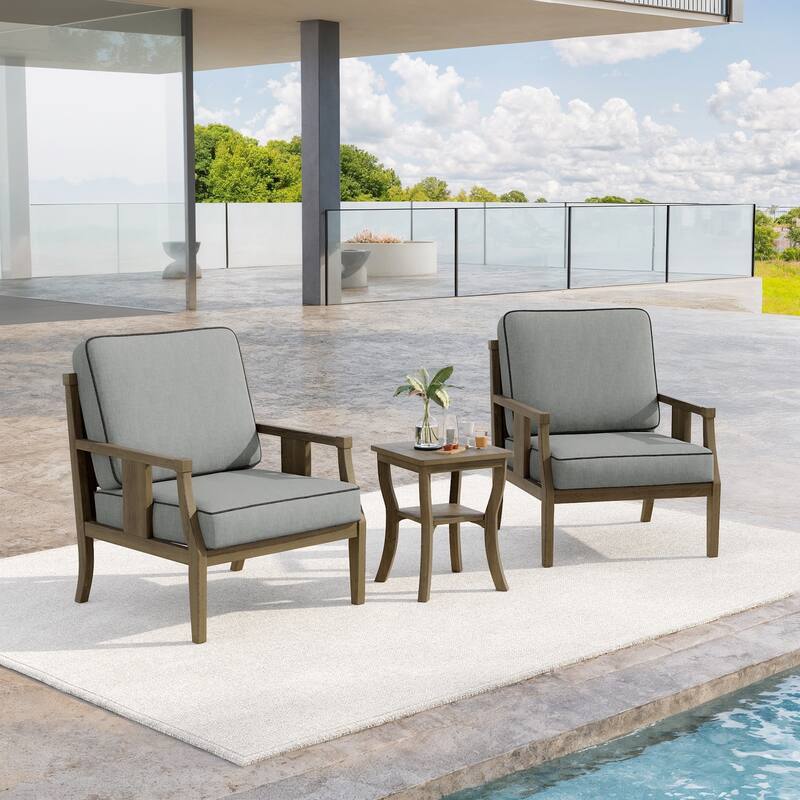 3-Piece Teak Wood Outdoor Armchair Set with Side Table, Cushions, Patio Seating Sets