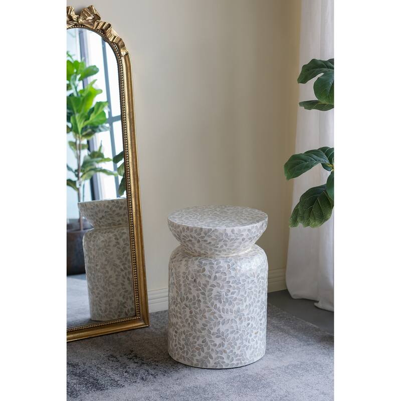 14x14x20" Round Bamboo Accent Table With White Capiz Shell Design