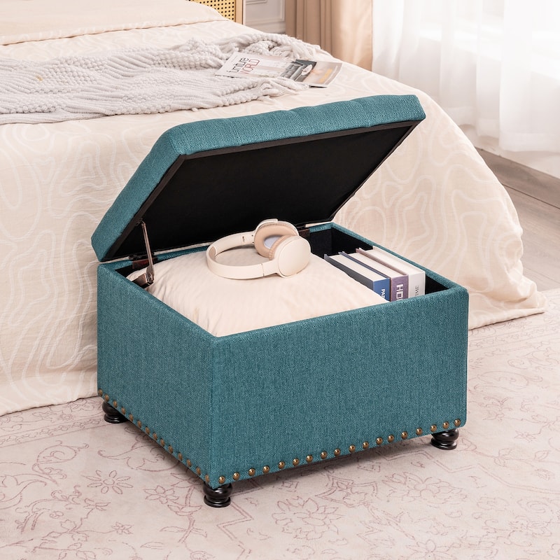 Adeco Norsup Grey Blended Linen Storage Ottoman Footstool