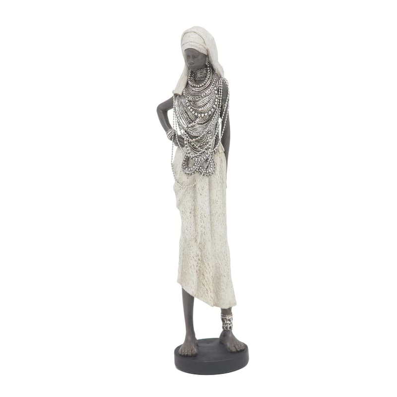 White Polystone Handmade Standing African Woman Decorative Sculpture with Intricate Jeweled Details (Set of 3)