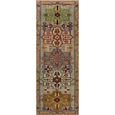 Hand-knotted Traditional Wool Grey Geometric Area Rug Oriental Carpet - 8' 0'' X 2' 6''